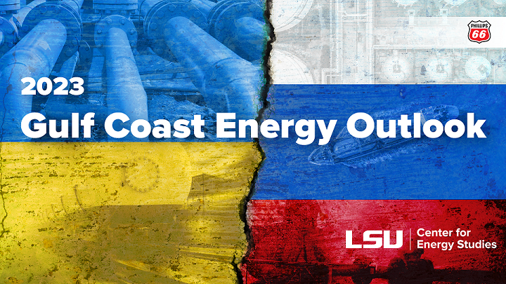 GCEO 2023 cover Cover of Gulf Coast Energy Outlook showing flags of Ukraine and Russia