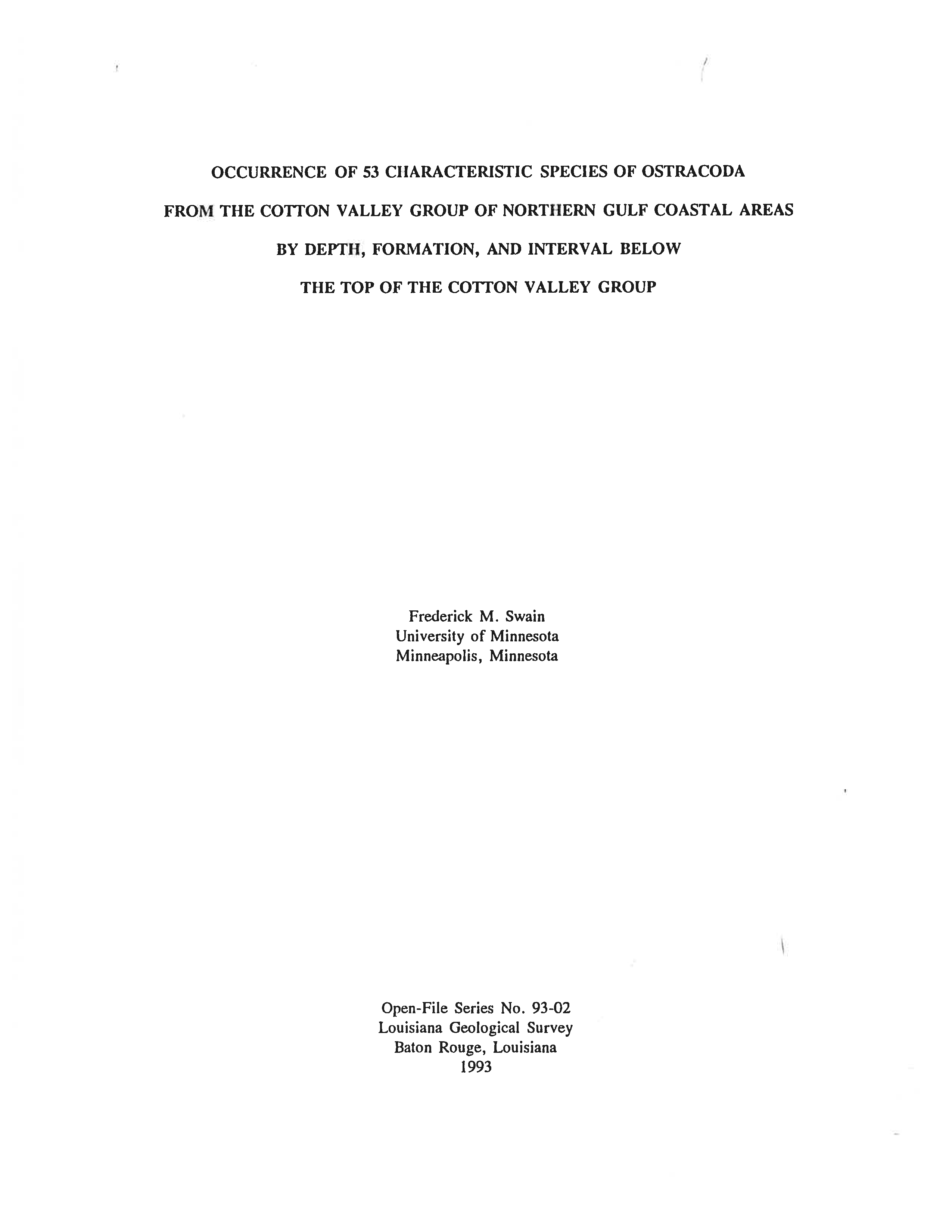 Occurrence of 53 Characteristic Species of Ostracoda from the Cotton Valley Group of Northern Gulf Coastal Areas by Depth, Formation, and Interval Below the Top of the Cotton Valley Group